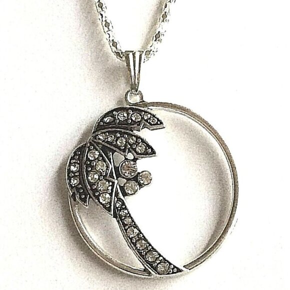 Palm Tree Pendant Necklace Crystal Silver Plated 23" X-Long Chain Coconut Island - Picture 2 of 12